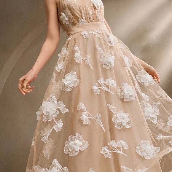 Apricot Elegant Women's 3D Floral Rhinestone Mesh Sleeveless Fitted Waist Dress - Picture 6 of 7